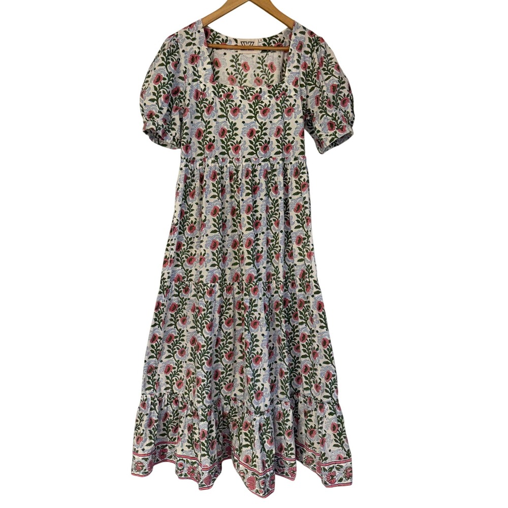 SZ Blockprints Pink Green Floral Cotton Tiered Maxi Dress Puff Sleeve Medium